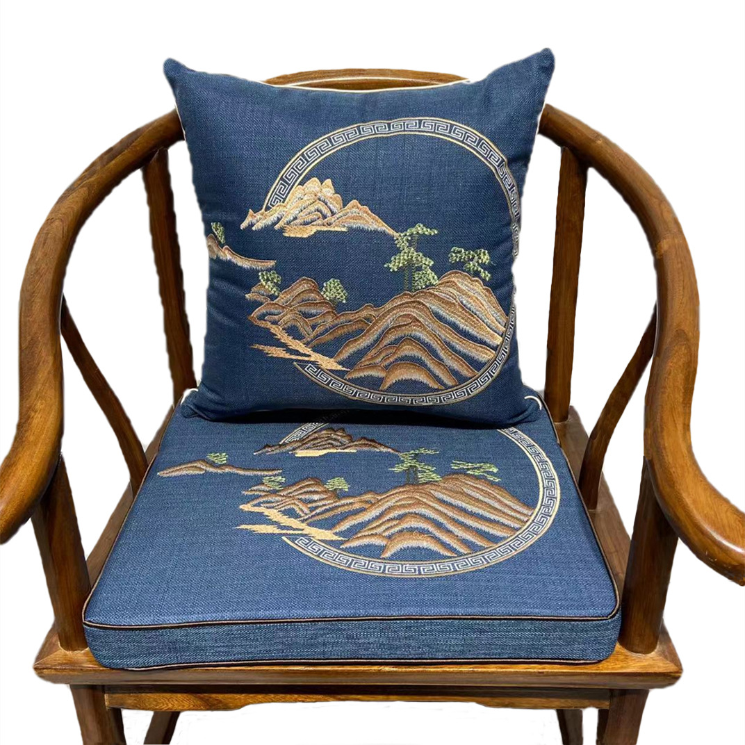 亚麻刺绣中式红木沙发垫海绵坐垫椅垫加厚实木餐椅垫罗汉床垫抱枕