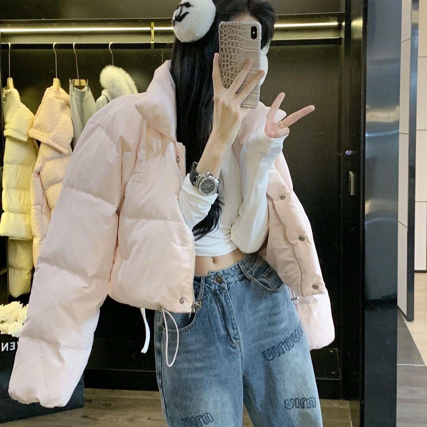 冬季新款miumiu缪缪超嗲樱花粉小个子羽绒服领短款羽绒服女士外套