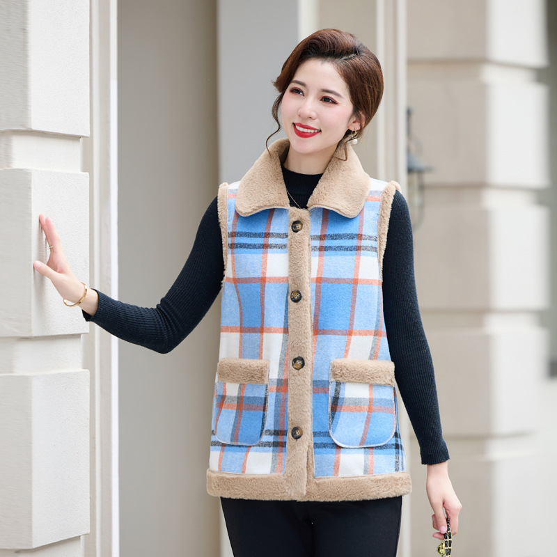 2023 New Fashion Mom Wear Fleece-Lined Imitation Rabbit Fur Vest Thick Checks Vest Two-Side Coat Warm Waistcoat