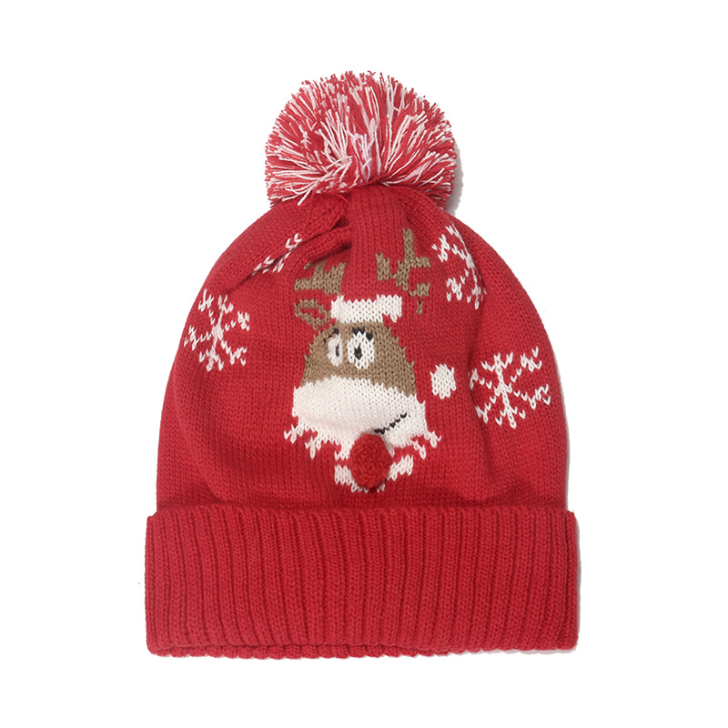 Cross-Border Amazon New Holiday Hat Red Santa Claus Deer Jacquard Fur Ball Knitted Hat Christmas Hat Winter