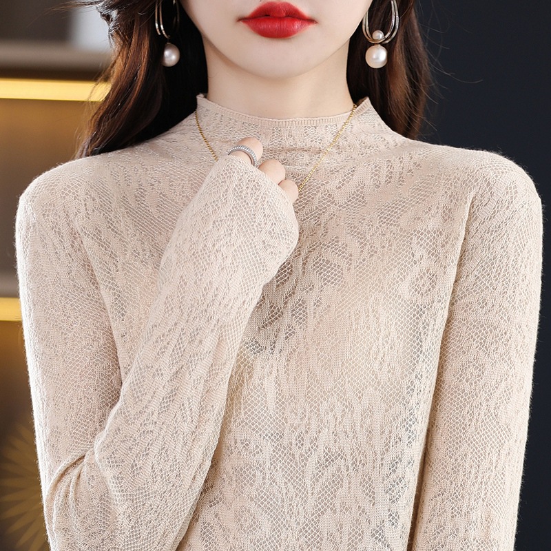 2023 Autumn New Half Turtleneck Hollowed Fashion Sweater Sweater Top Women's Lace Cashmere Sweater Bottoming Shirt