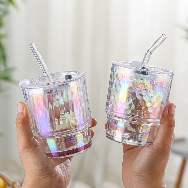 internet celebrity laser colorful glass straw cup good-looking lid straw internet celebrity bamboo joint cup glass cup fashion gift
