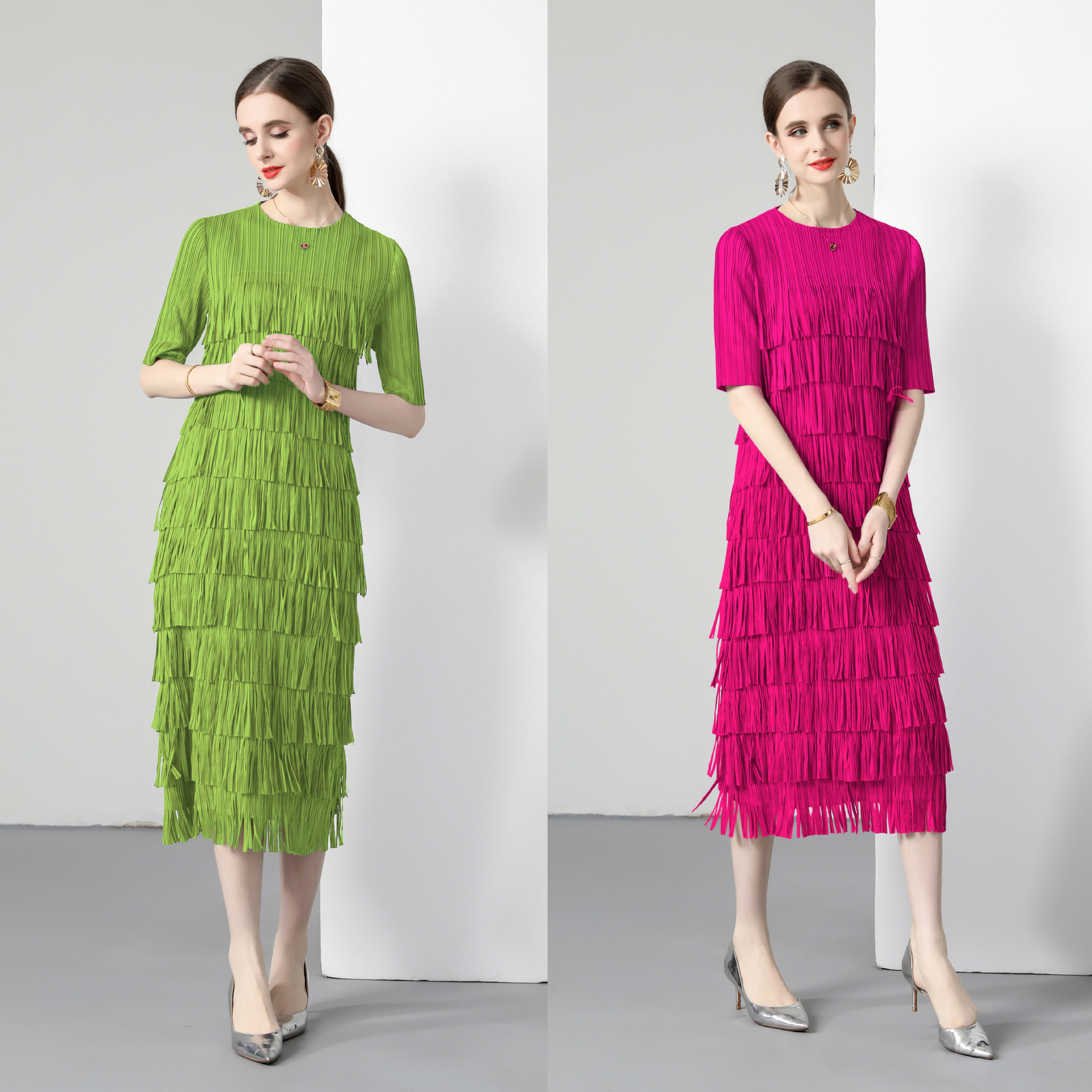 三宅褶皱2024多层流苏蛋糕裙纯色中袖超修身连衣裙设计感赫本长裙