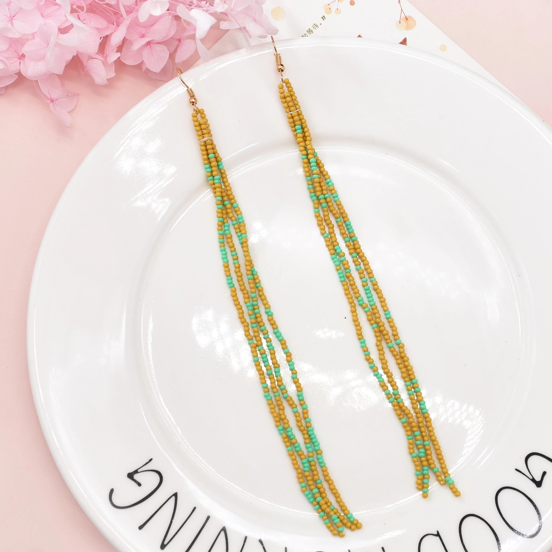 民族风超长米珠流苏耳钩简约显瘦饰品手工串珠夸张个性街拍耳坠