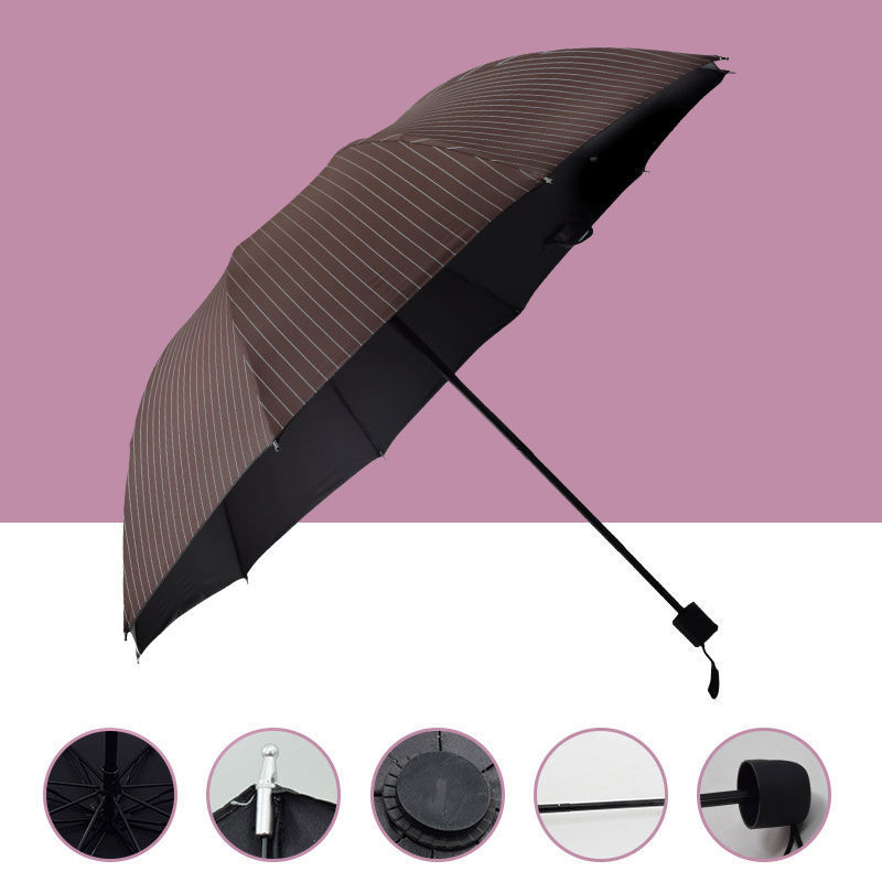 10-Bone Black Rubber Umbrella Men's and Women's Triple Folding Umbrella Plaid Large Double Umbrella Sun Protection Sunshade Umbrella for Both Sunny and Rainy Business Umbrella