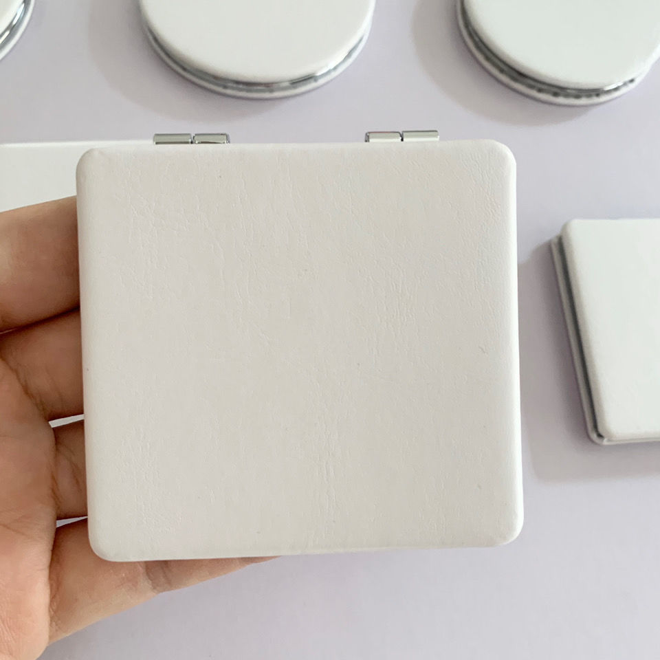 纯白色小镜子 pu皮质双面折叠方形化妆镜 随身便携式ins简约圆镜