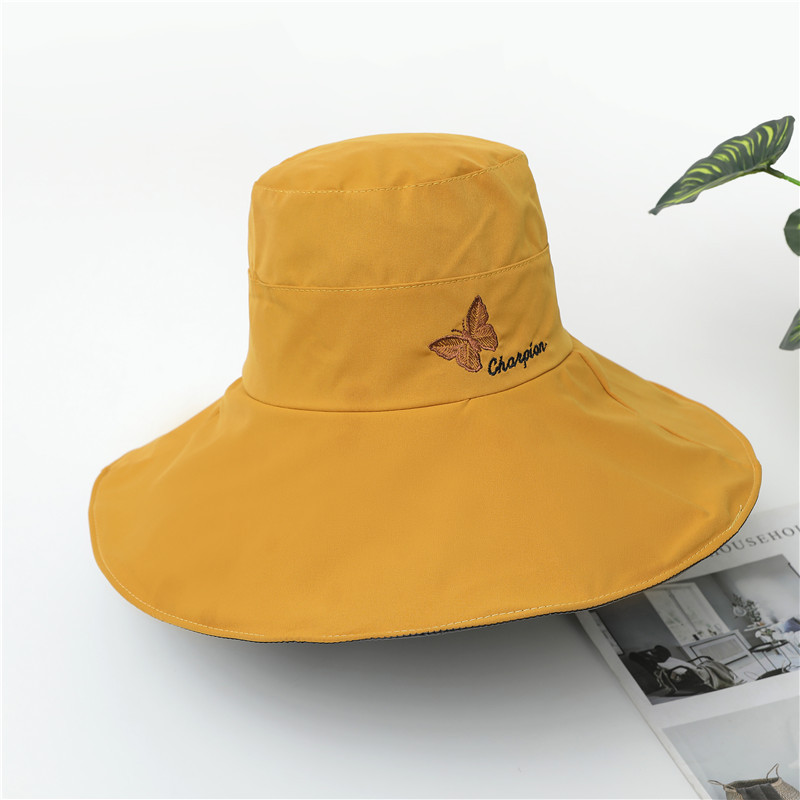 帽子女士夏黑胶防晒大沿帽户外出游沙滩帽刺绣蝴蝶遮阳凉帽渔夫帽