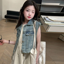 桔子虎女童夏季套装2024新款小女孩韩版时髦牛仔马甲中大童法式连