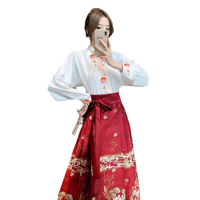 Cross-Border Supply 2024 New Small Short Horse-Face Skirt Hanfu Machine Embroidery Aircraft Sleeve Women's Two-Piece Suit