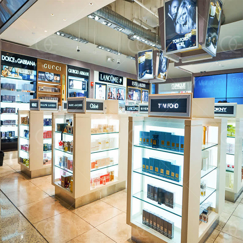 厂家定制化妆品展示柜货柜 简约木质多面展柜护肤品陈列柜带led灯