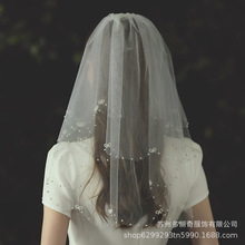 V111W4金属发梳韩式新娘婚纱面纱双层蝴蝶结钉珠头纱