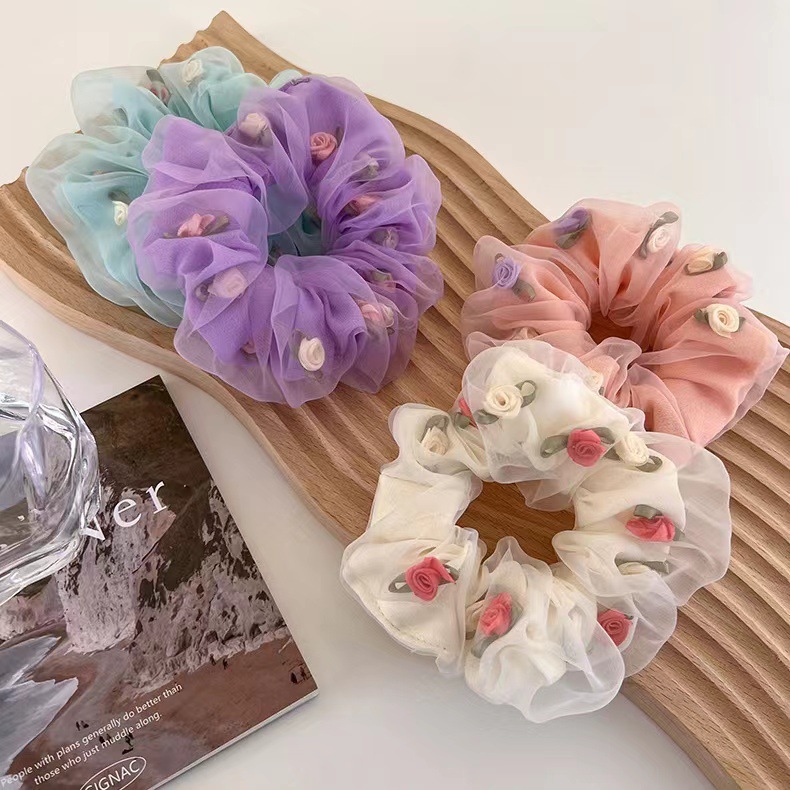 Korean Style Spring Fabric Headband French Romantic Rose Flower Double-Layer Hair Rope Mesh Large Intestine Ring Hair Accessories Hair Ring Women