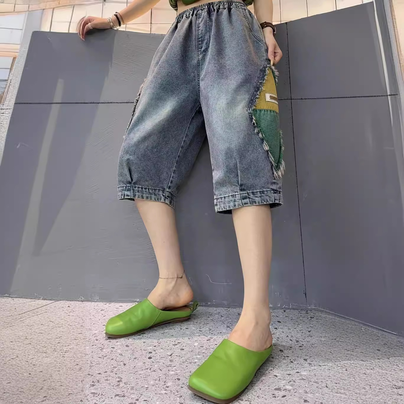 个性撞色毛边贴布牛仔六分裤女大码宽松百搭显瘦薄款六分哈伦短裤