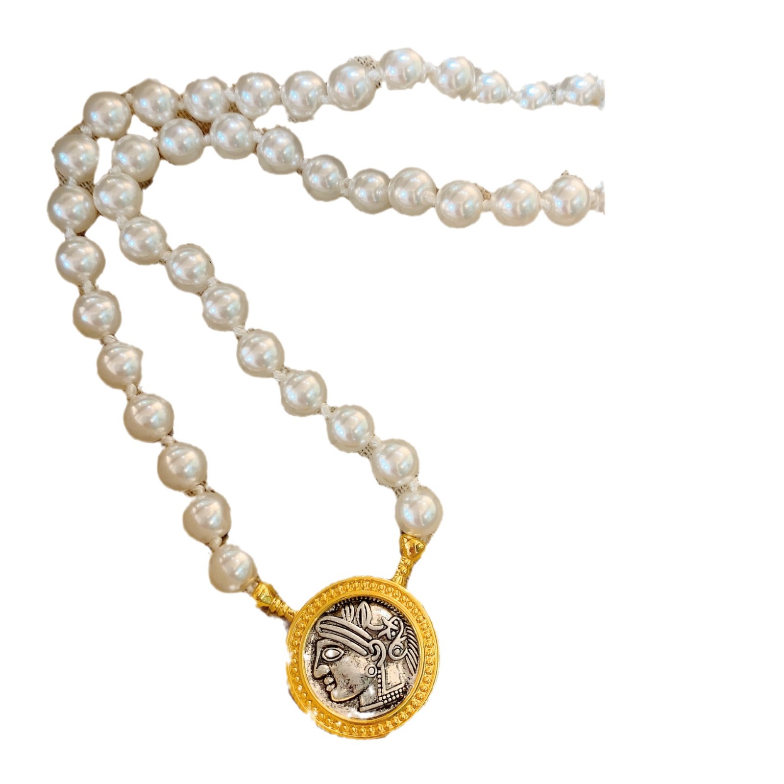 Antique Coin Series Goddess of Victory Knotted Pearl Adjustable Necklace Female Necklace French Retro Easy Matching Reversible