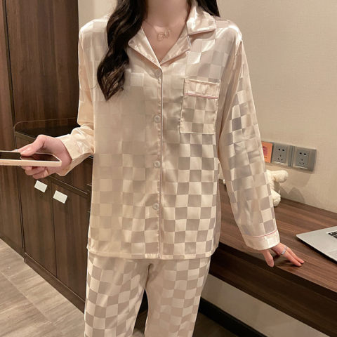 [Factory] Hot Sale Foreign Trade Hot Online Red Pajamas Women's Chessboard Plaid Long Sleeve Ice Silk Home Wear Batch Delivery