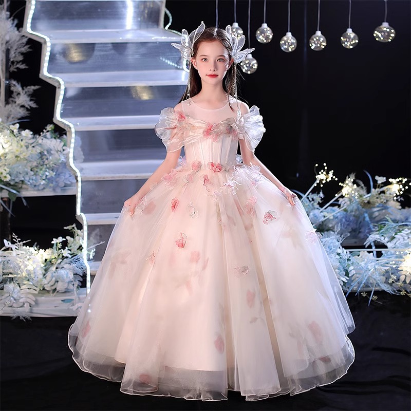 花童婚礼小女孩礼服一字肩花朵公主裙钢琴生日儿童走秀钢琴演出服