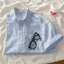 棉日系蓝色短袖衬衫女夏季新款设计感小众休闲白衬衣短外套秋季