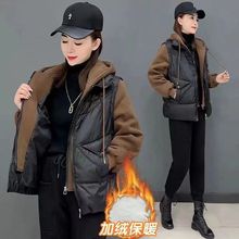 加绒加厚时尚休闲洋气假两件连帽羽绒棉服女2023冬季新款宽松外套