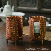 竹编杯篓手工茶道配件 茶具收纳 杯架子杯笼中式禅意包装盒 杯套