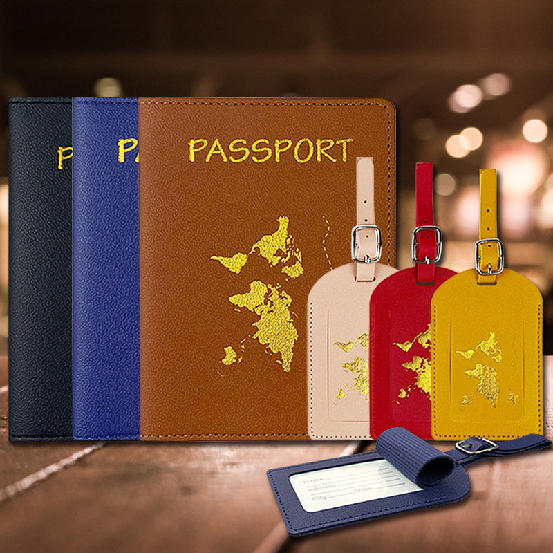 pu皮革passport护照套可定LOGO地图烫金亚马逊行李牌护照夹套装