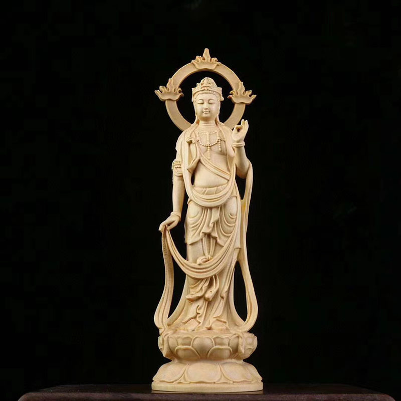 黄杨木雕刻火焰背光观世音菩萨人物佛像保平安工艺品居家摆件