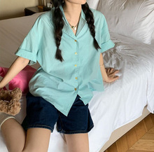 盐系条纹衬衫女夏季新款设计感宽松学院风短袖衬衣学生法式上衣潮