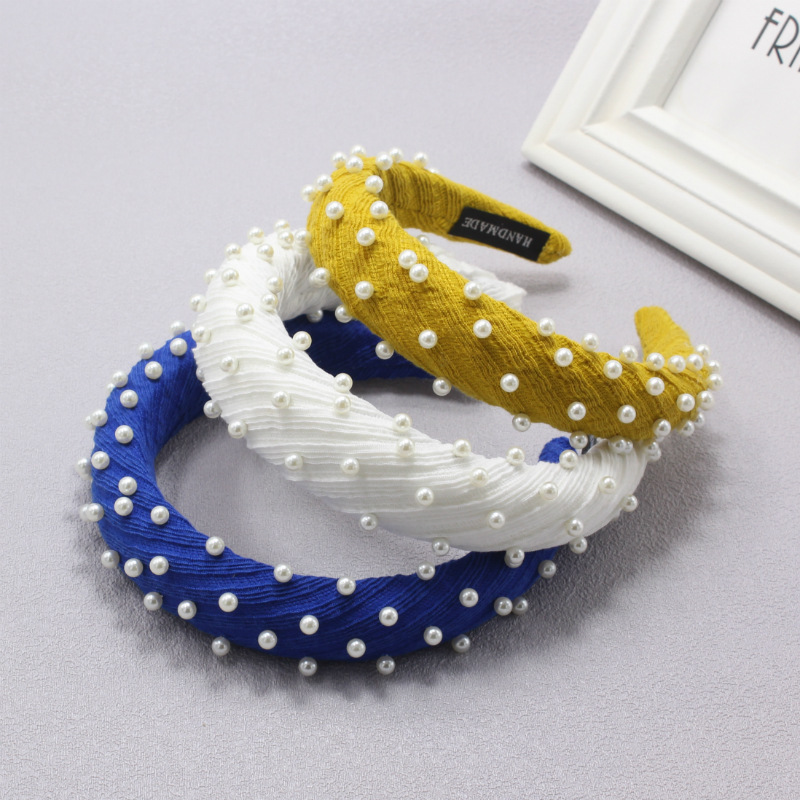 Yingmin Accessory New Solid Color Headband Thick Sponge Pearl Wide-Edged Headband Sweet Bangs Hair Fixer Hair wear for Women