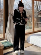 大码女装海军领针织衫外套上衣+阔腿裤套装早春胖mm巨显瘦两件套