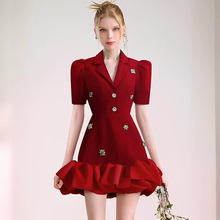 气质感轻熟红色西装裙女钉钻设计感时尚通勤欧根纱拼接连衣裙