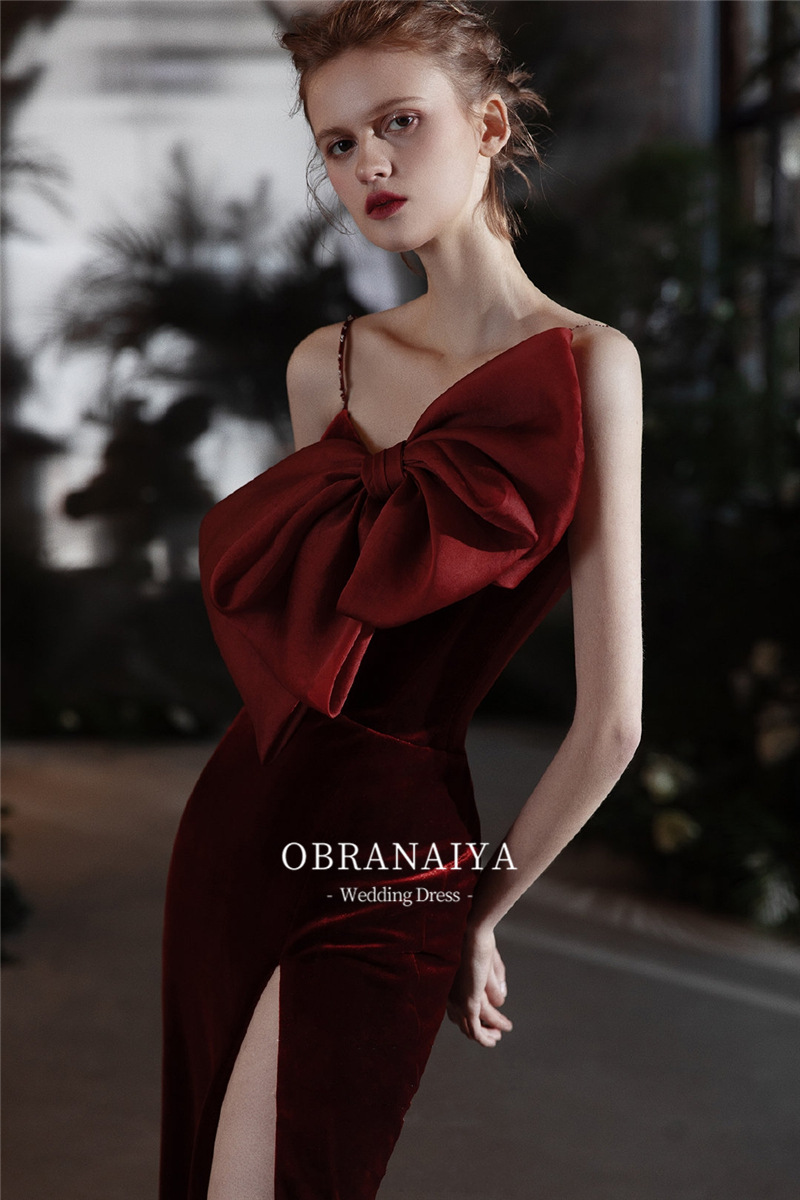 酒红色晚礼服裙开叉鱼尾裙女宴会优雅气质新娘敬酒服夏季一件代发