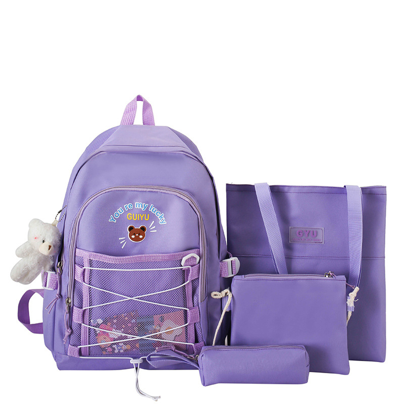 Factory Wholesale Girl Backpack Cartoon Bear Schoolbag for Primary School Students Make-up Bag Four-Piece Set Junior Backpack