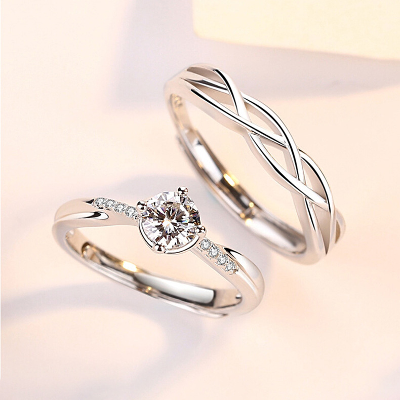 s925银求婚情侣钻戒指女男一对 欧美网红潮徐嘻哈对戒开口可调节