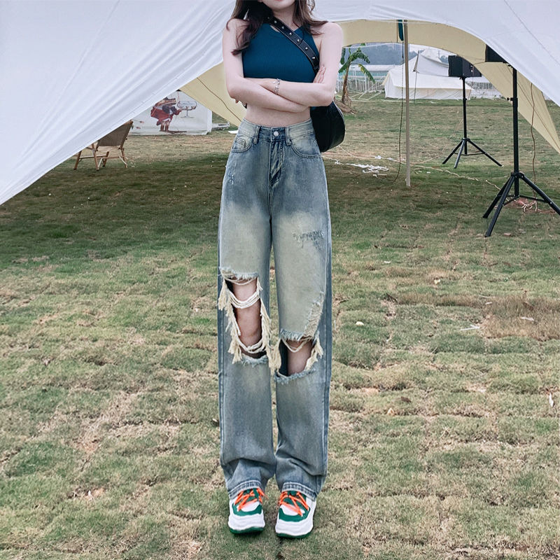 Korean Washed-out Retro Make Old Ripped Wide Leg Jeans Women's Small High Waist Loose and Slimming Straight Mopping Pants
