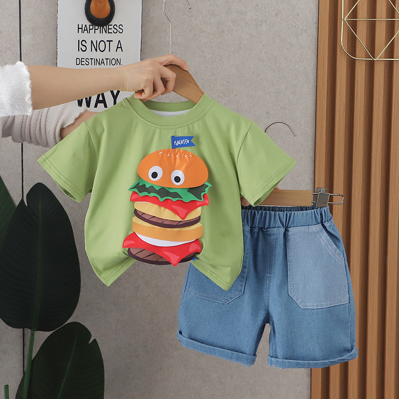 2024 New Summer Boys' Three-Dimensional Hamburger Kids Clothes Two-Piece Suit Children's Suit Infant Summer Fashion Hair Generation