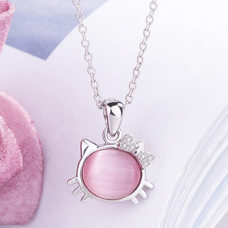 可爱女生凯蒂猫吊坠女韩版时尚微镶钻粉色猫眼石猫咪锁骨项链女