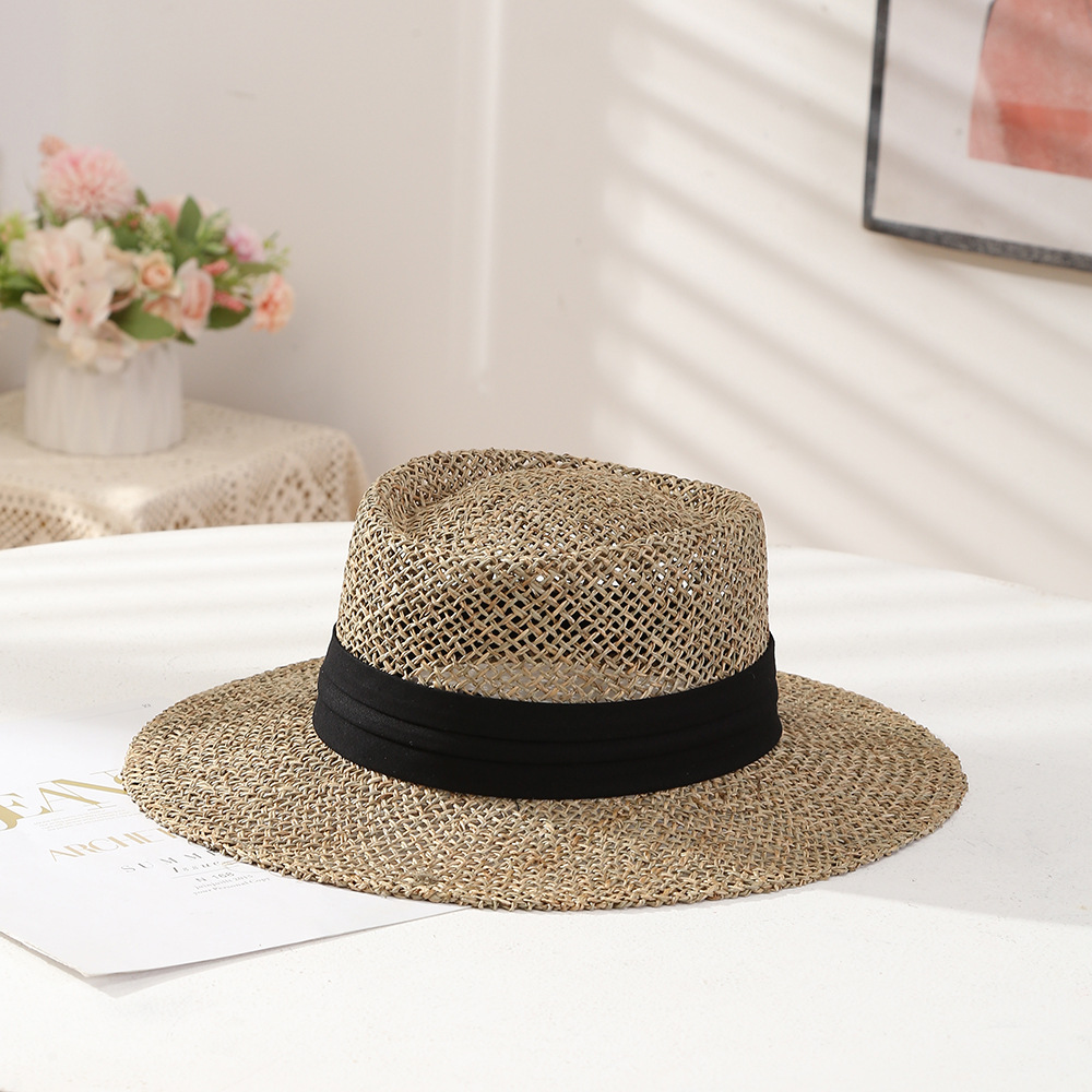 Artistic Retro Flat Top Warp Knitted Straw Hat Summer Beach Travel Style Hat Outdoor Hollow Sun Hat Adult