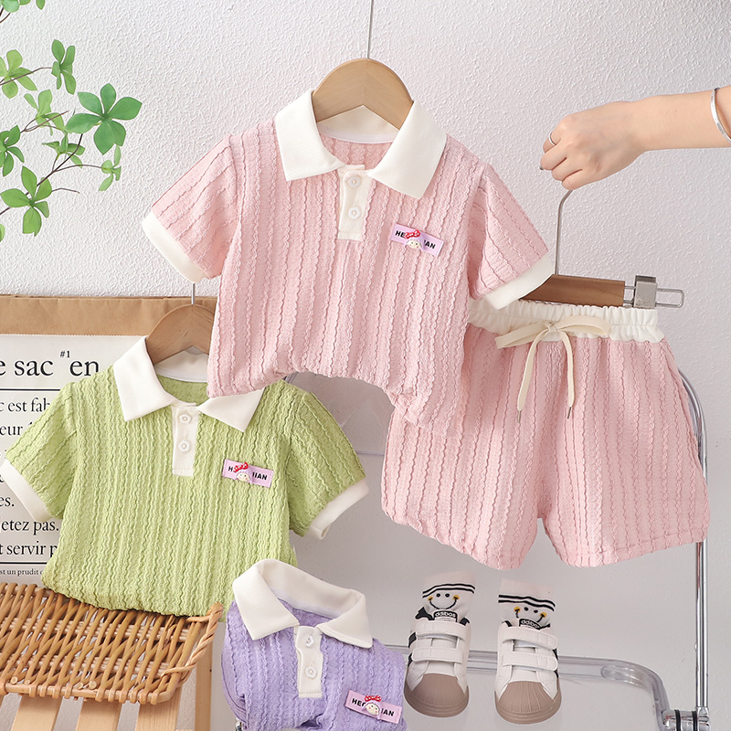 2024 New Children's Cartoon Lapel Short Sleeve Suit Girls' Summer Korean Style Shorts Polo Shirt Breathable Clothes