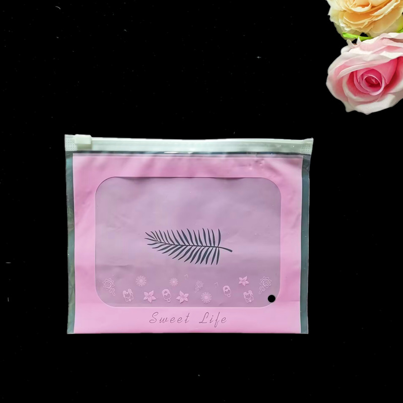 In Stock New Style Pink Leaf Pattern Packing Bag Clothing Underwear Socks Ziplock Bag PE Glossy Zipper Slide Bag