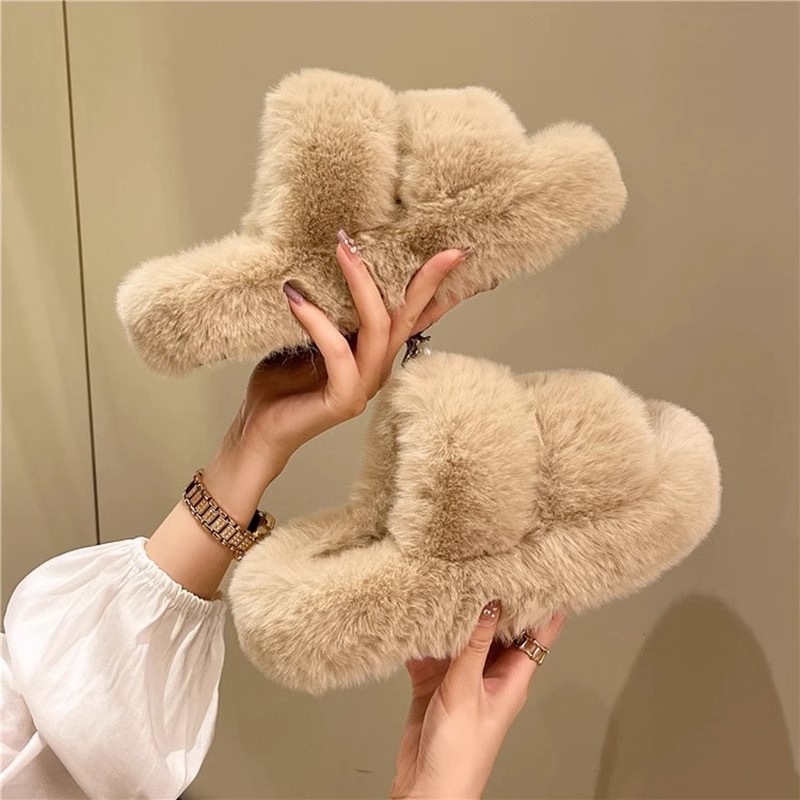 Winter Fluffy Slippers Women's Outerwear 2023 New Ins Trendy Winter and Spring Cross Thick-Soled Cotton Slippers Home Non-Slip