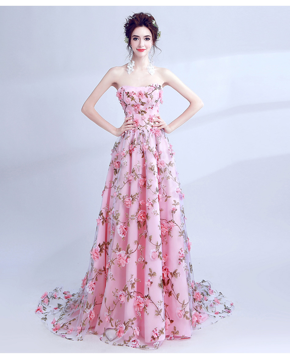 性感抹胸立体花朵粉色新娘拖尾婚纱礼服结婚敬酒服 116 夏季