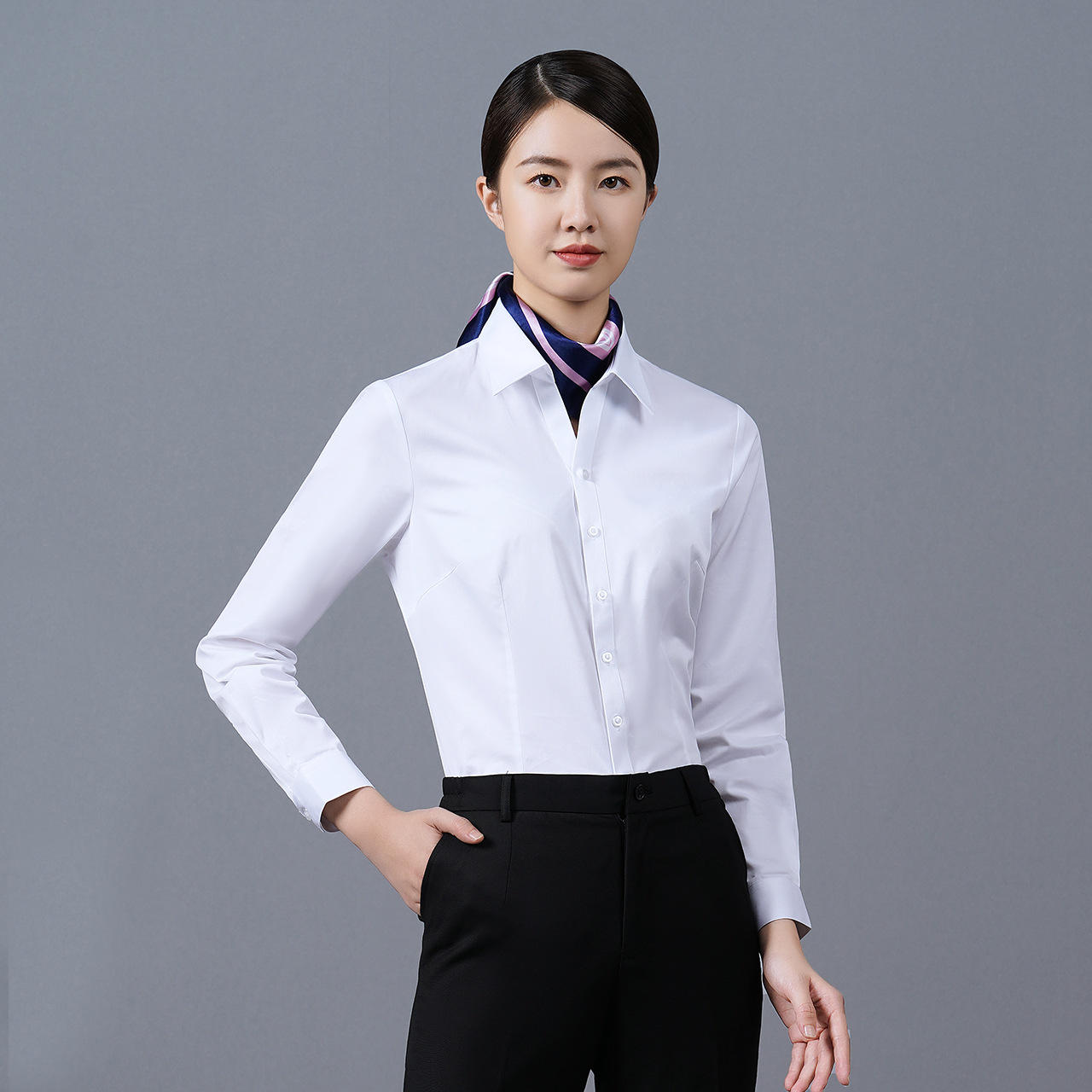 白色衬衫女长袖春秋职业正装工作服2021新款工装白色修身西装衬衣