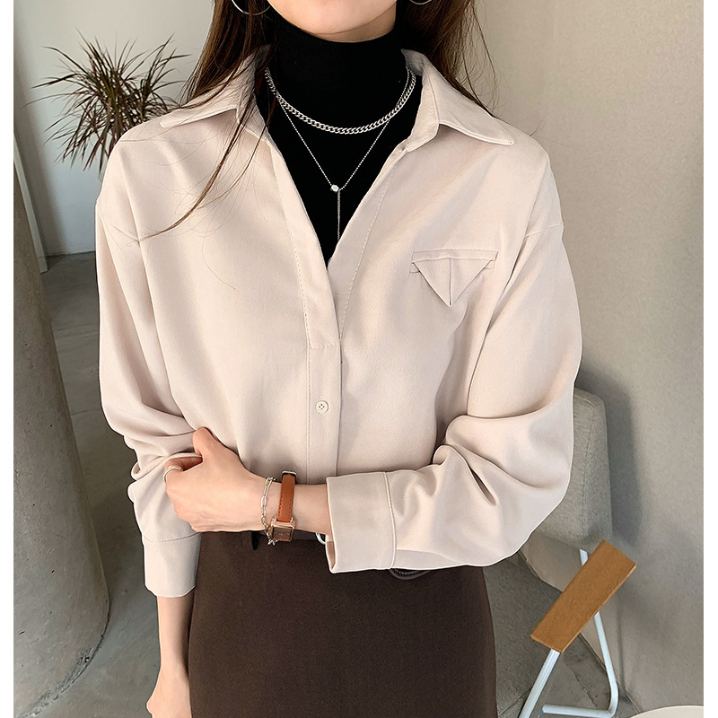 2021秋季新款假两件衬衫女内搭宽松设计感上衣叠穿翻领打底衬衣