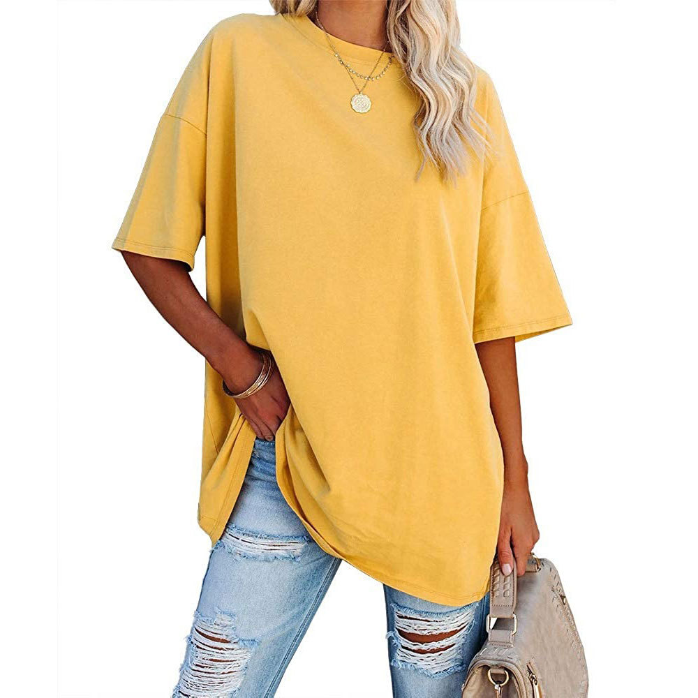 2022 Europe and America Cross Border Women's T-shirt Amazon Foreign Trade New Color Loose Shoulder Sleeve round Neck Short Sleeve Top