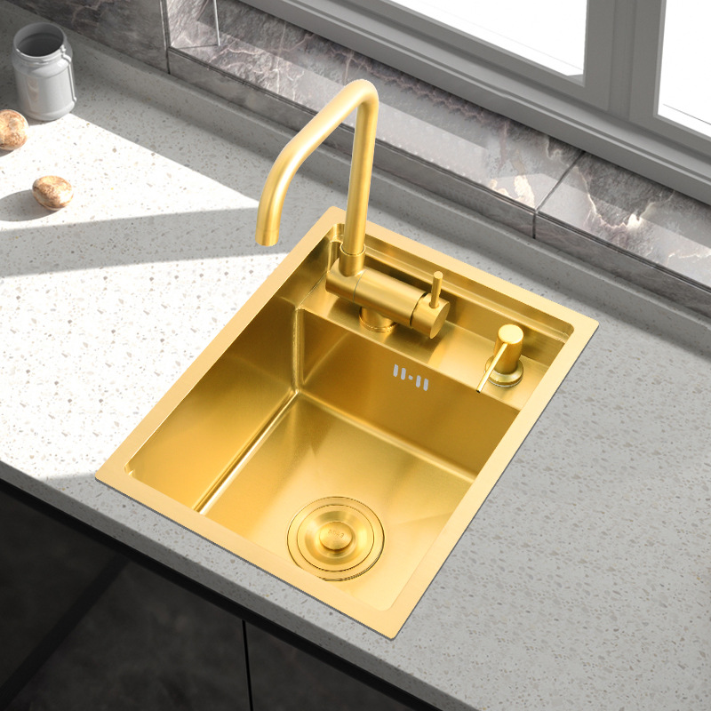 Golden Invisible Small Water Channel Single Sink Hidden Middle Island Counter Bar Sink 304 Stainless Steel Kitchen Vegetable Basin