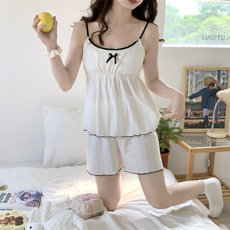 韩国ins女士夏季新款坑条棉吊带短裤睡衣女简约韩版ins家居服套装