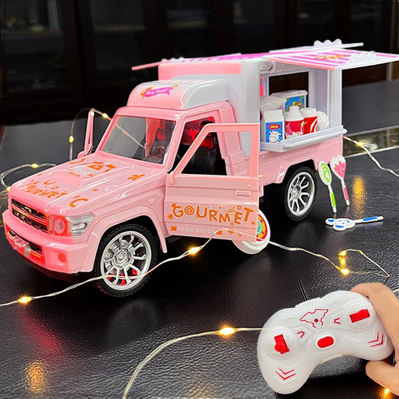 儿童电动车 可遥控电动充电开门雪糕餐车真会发光粉色女孩玩具车