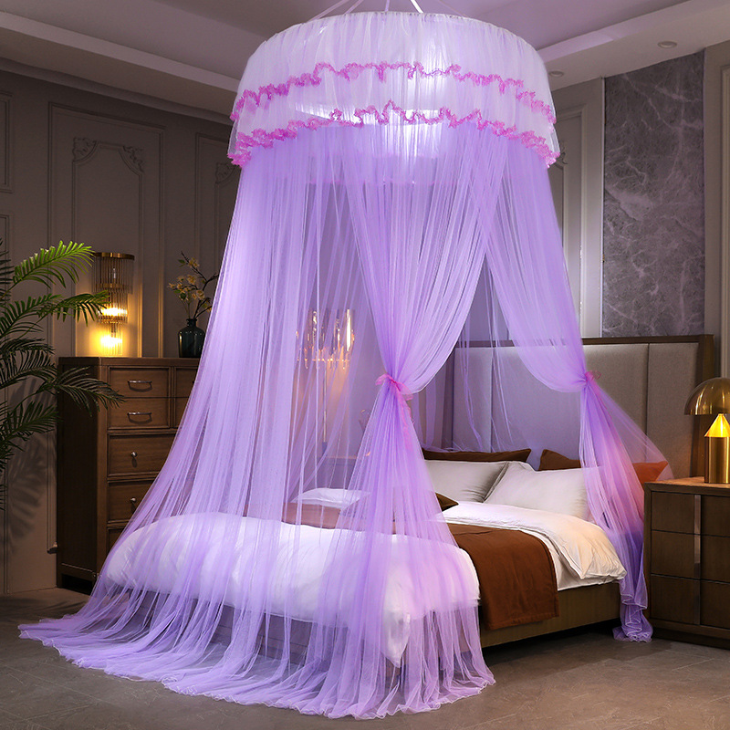 Factory Direct Sales round Top Suspended Mosquito Net Fresh Encryption Tent Yarn Princess Wind Installation-Free Floor Ceiling Mosquito Net Wholesale