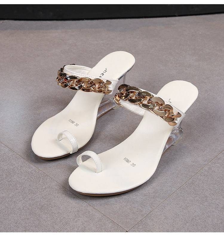 1098-28坡跟鞋女夏新款韩版百搭夏季女鞋一字扣简约夹脚拖鞋透明