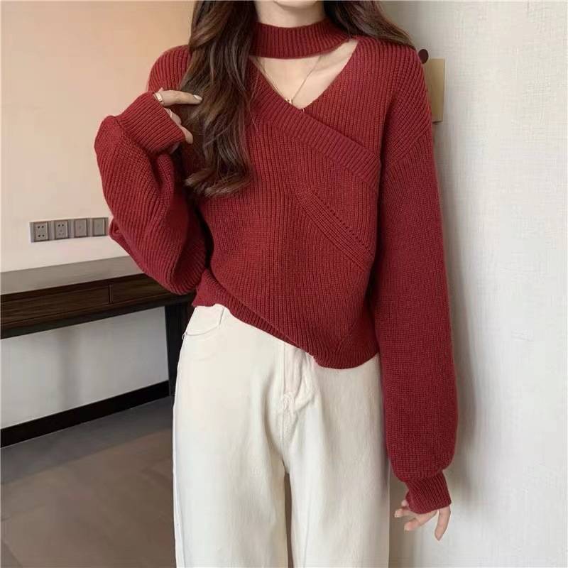 2024秋冬新款毛衣女长袖针织衫性感v领露肩交叉挂脖上衣打底衫