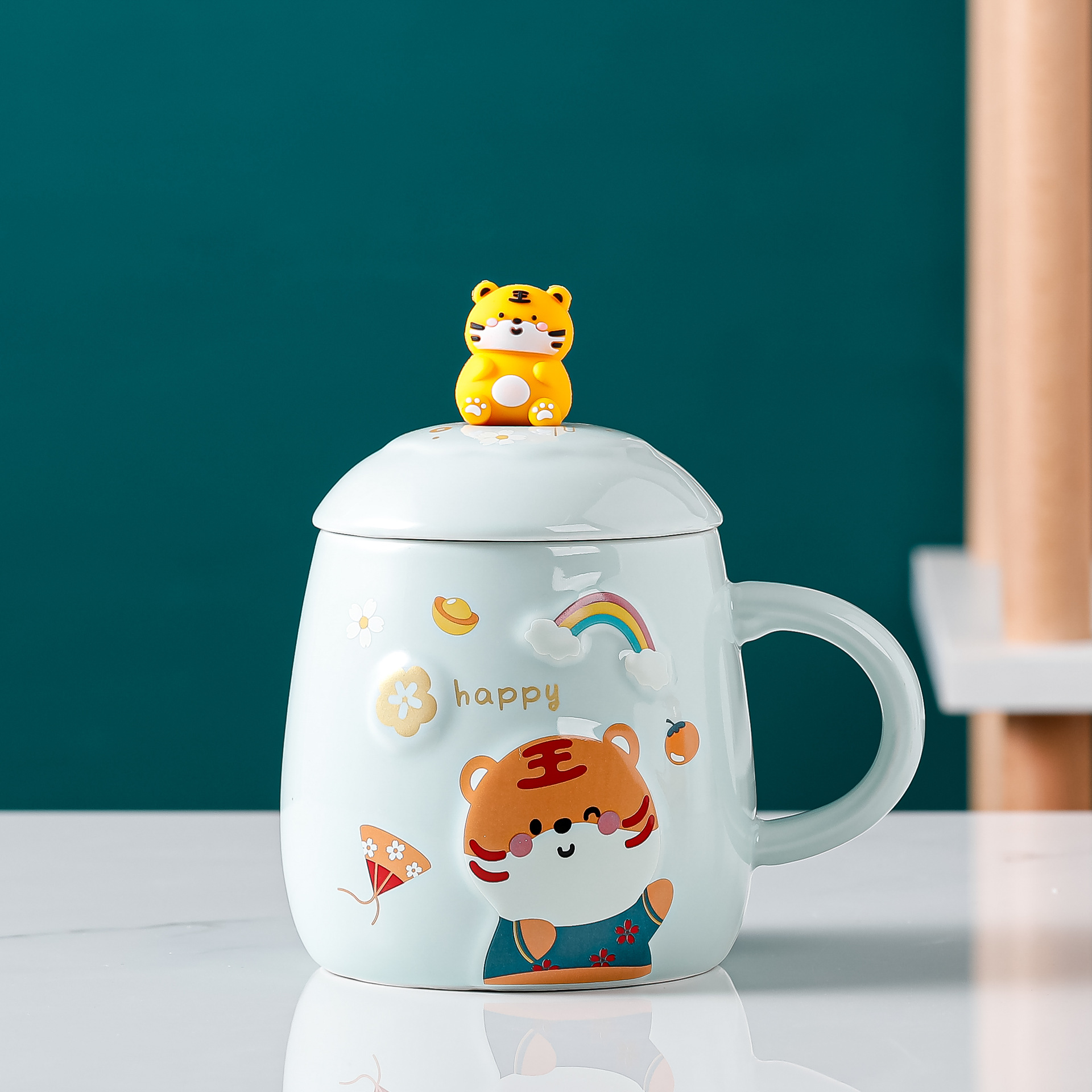 新品虎年陶瓷杯 可爱立体马克杯带盖杯子 实用礼品杯伴手礼水杯